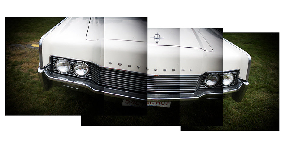 Photo collage of the front end of a white 1960's Lincoln Continental